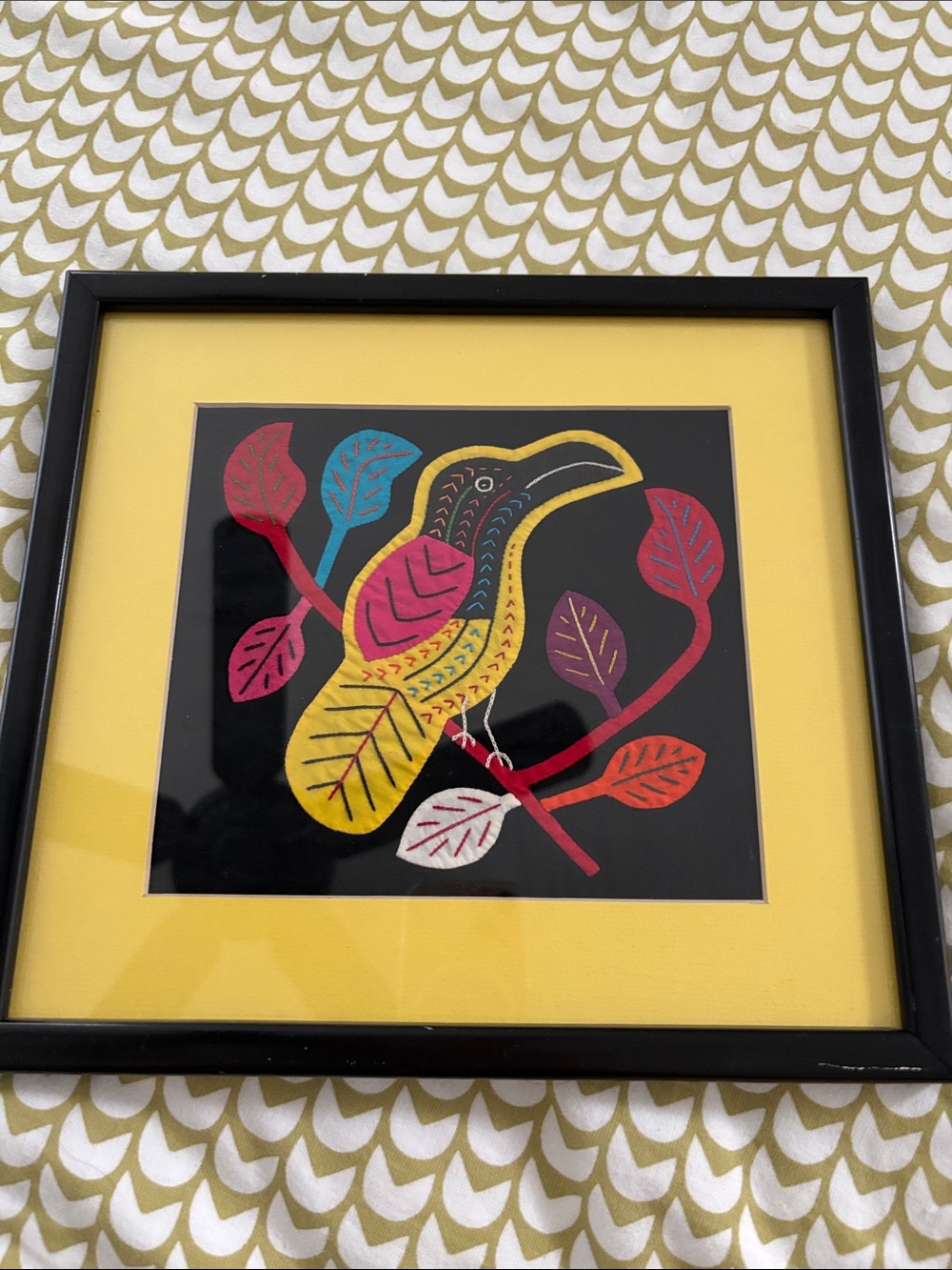 Bird Mola Guna textile-Panama, framed&matted, colorful, 11x10”, textile 7x6.5